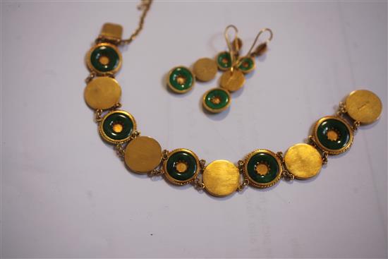 A Chinese high carat gold and jadeite suite of jewellery, comprising a necklace, bracelet and pair of drop earrings,
